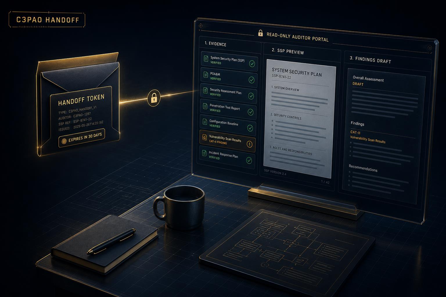 Illustration: a gold-bordered 'Handoff Token' envelope on the left floating across a thin gold beam toward a read-only auditor portal on the right, which shows three columns — Evidence list with verified rows and one amber CAT-II finding, an SSP preview, and a Findings draft pad.