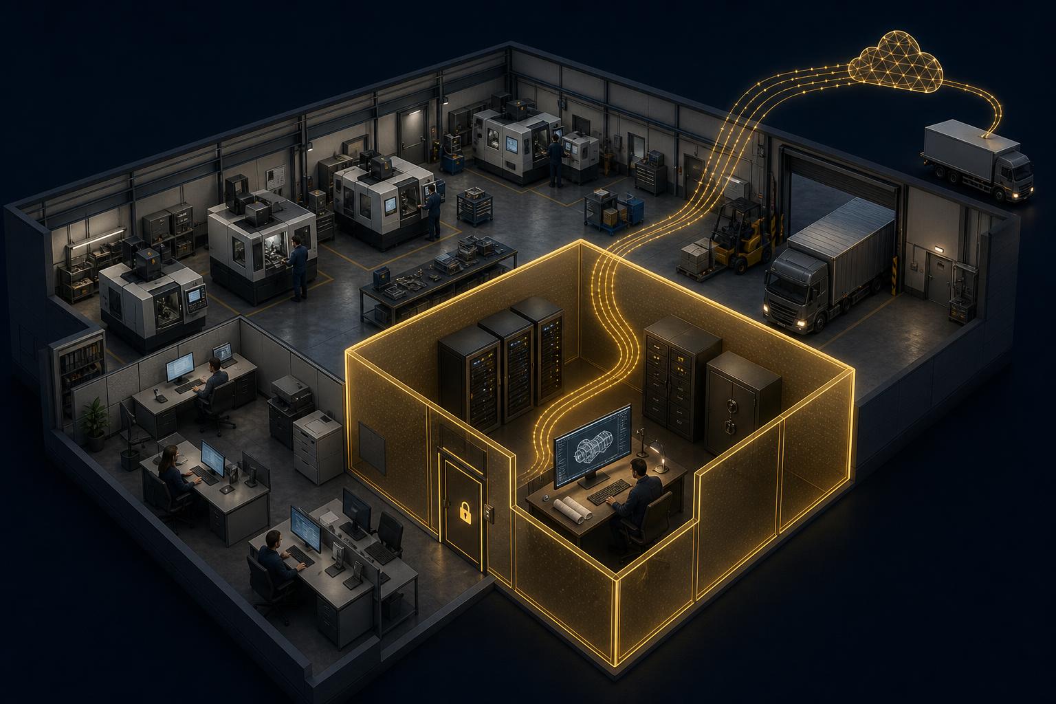 Cutaway illustration of a defense manufacturing facility showing a gold-bordered CUI enclave containing hardened servers, an engineering workstation handling controlled drawings, and a locked document cabinet — separated from regular corporate IT (email, accounting) which sits outside the protected scope.