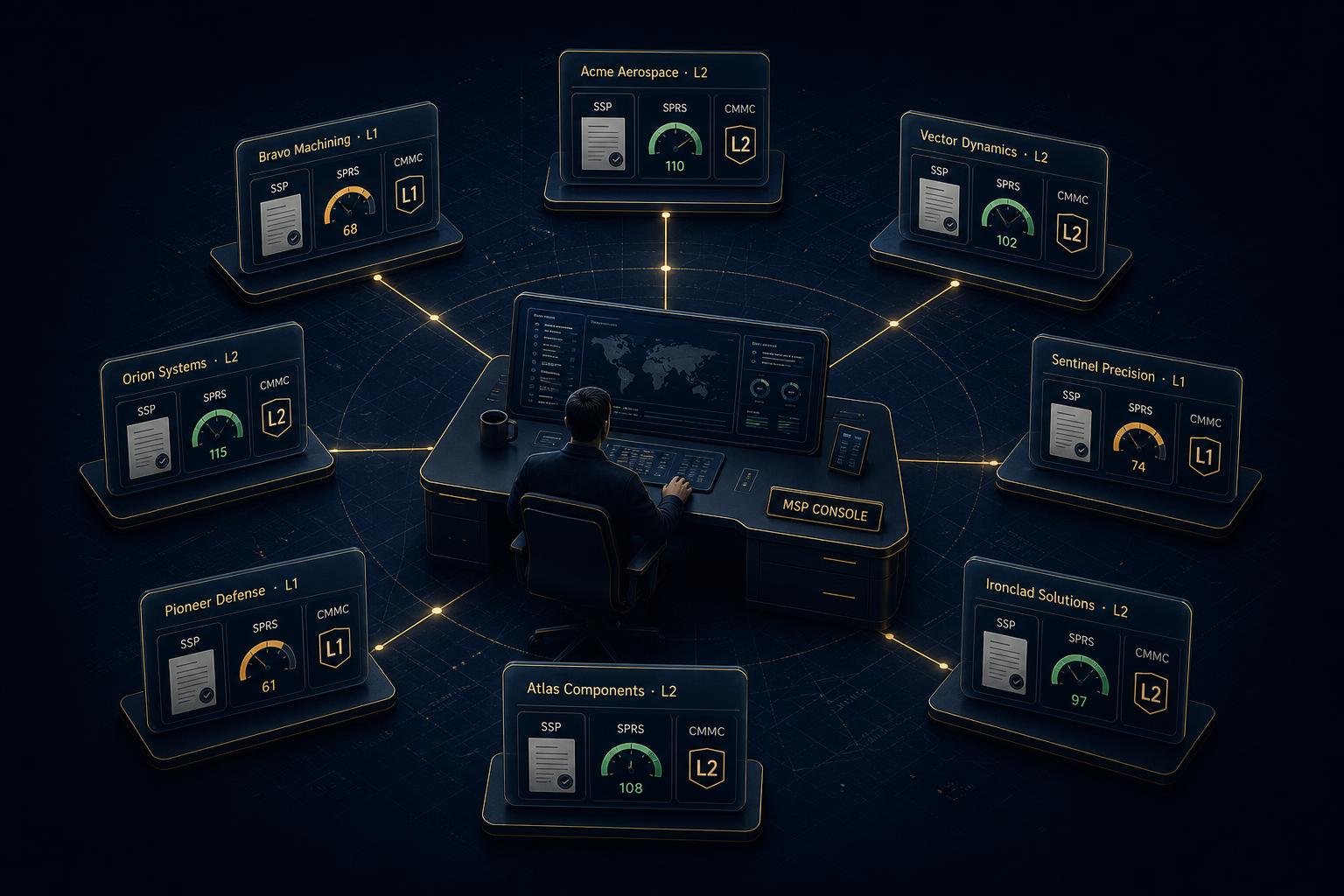 Illustration: a single MSP operator at a dark console at the center, with eight floating client panels arranged around them in a hub-and-spoke layout — each panel shows a client name, a tiny SSP, a SPRS gauge, and a CMMC level badge, connected to the operator by faint gold lines.