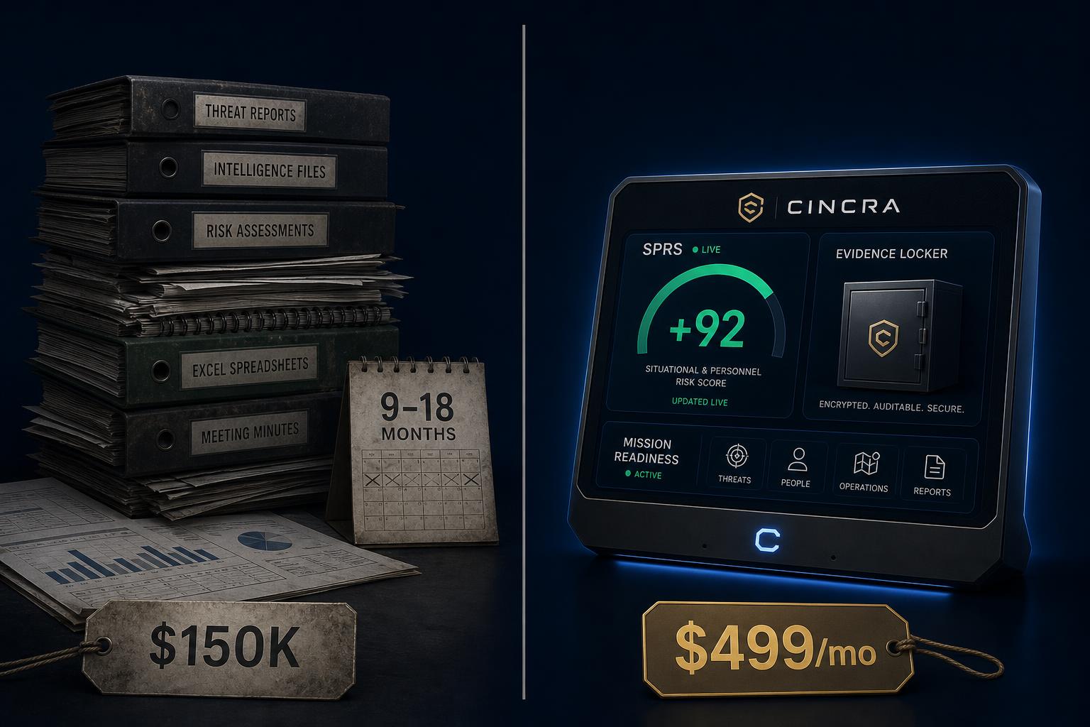 Side-by-side comparison: a dusty stack of consultant binders and spreadsheets priced at $150K over 9–18 months versus a live Cincra console with SPRS +92 and evidence locker at $499 per month