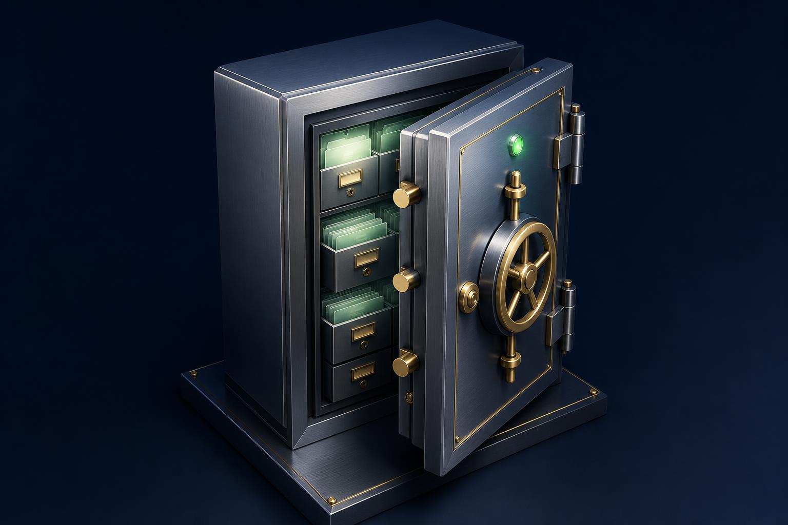 Evidence Locker illustration: steel vault with indexed file drawers