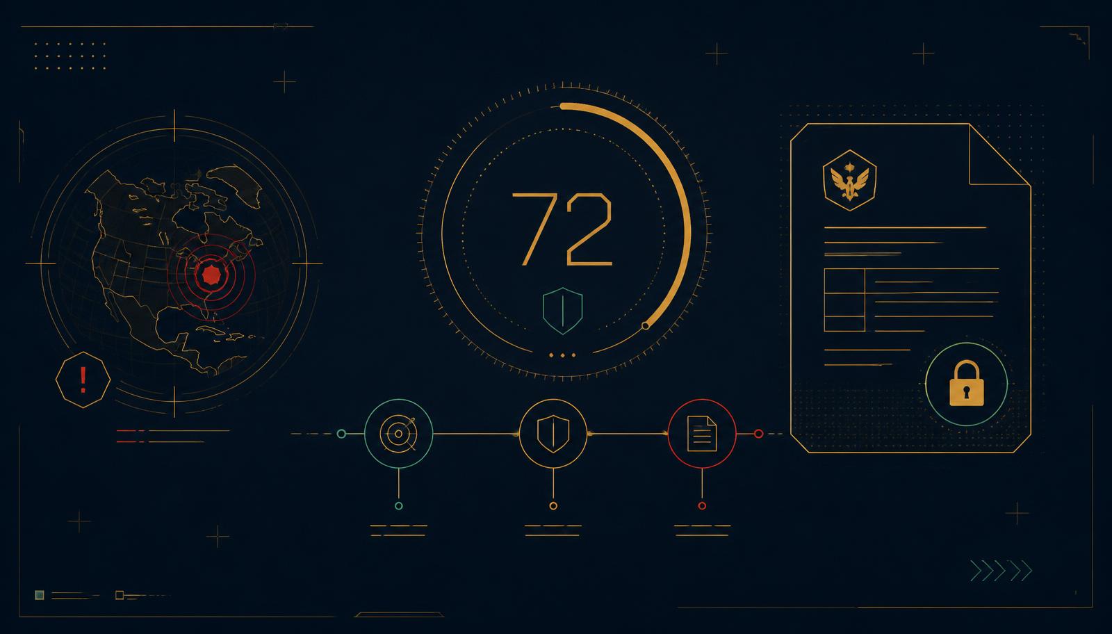 Incident response illustration: a 72-hour countdown dial beside a detect-contain-report timeline and a sealed DoD report record